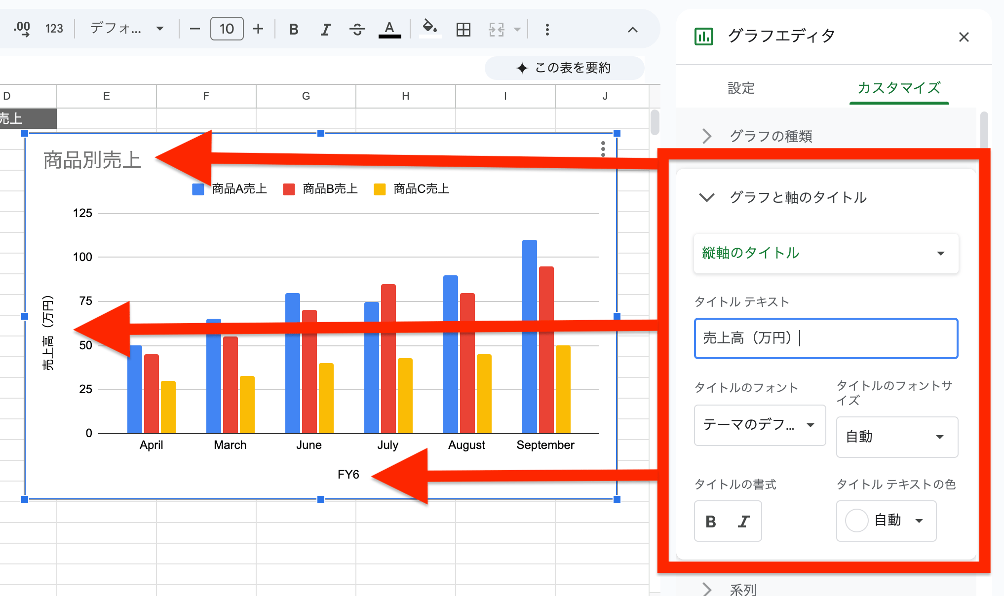 「グラフと軸のタイトル」セクションで、タイトル名やフォント、文字サイズなどを変更